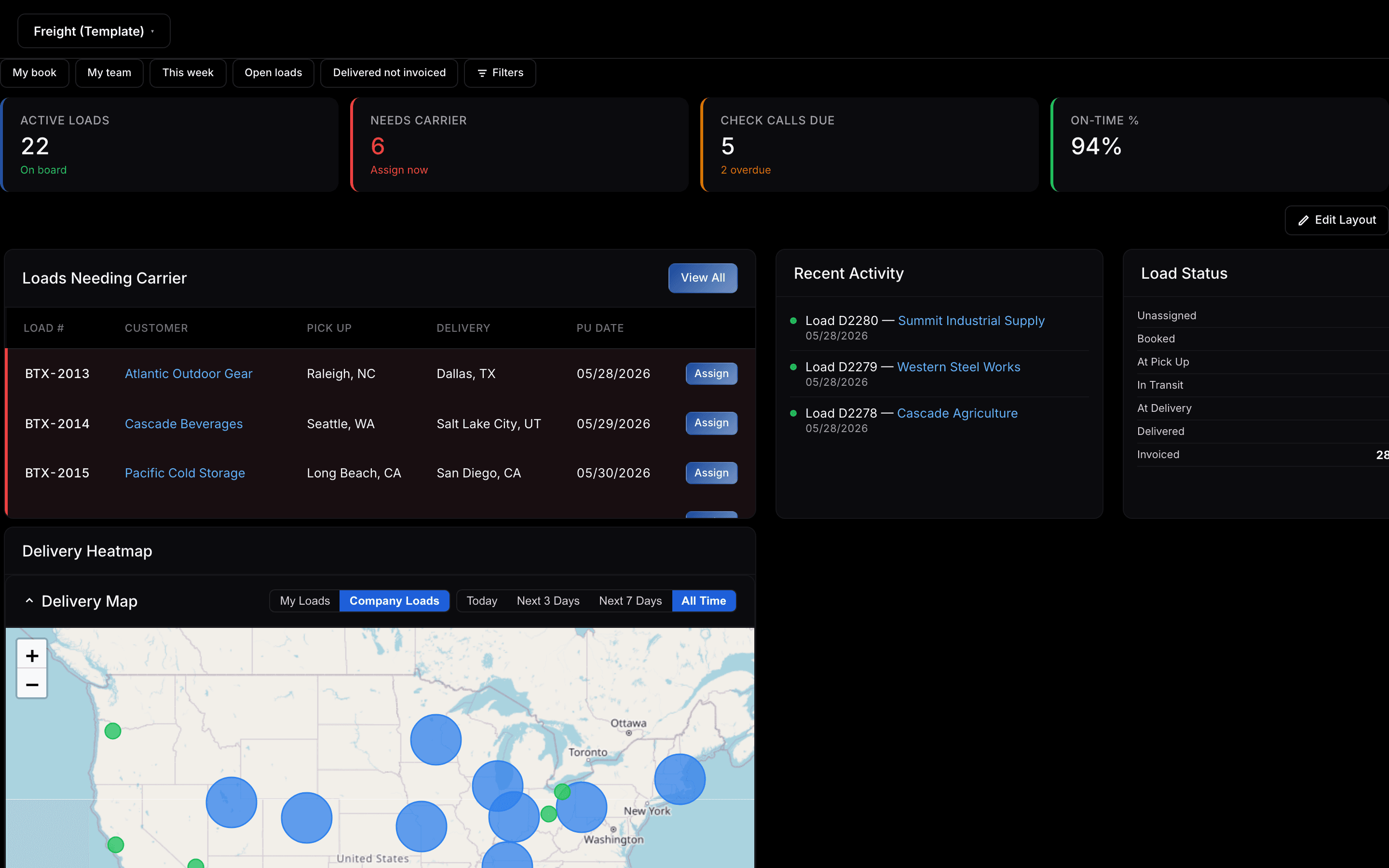 Tempo freight dashboard with a live delivery heatmap